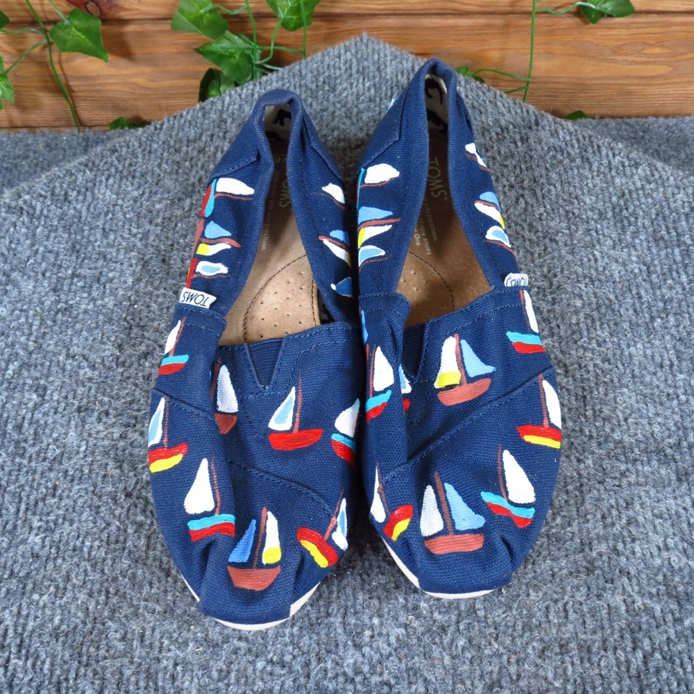 TOMS Alpargata Women Slip On Flat Size 6.5 Walking Navy Blue Sailboat Canvas - Picture 2 of 7